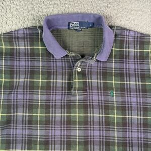 VINTAGE Ralph Lauren Polo Shirt Mens Large Green Tartan Plaid Short Sleeve